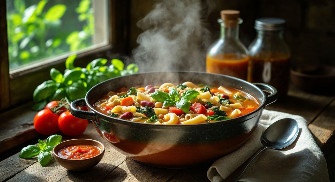 A steaming bowl of vibrant Italian minestrone soup with fresh vegetables, beans, and pasta, placed on a rustic wooden table in a sunlit Tuscan kitchen.