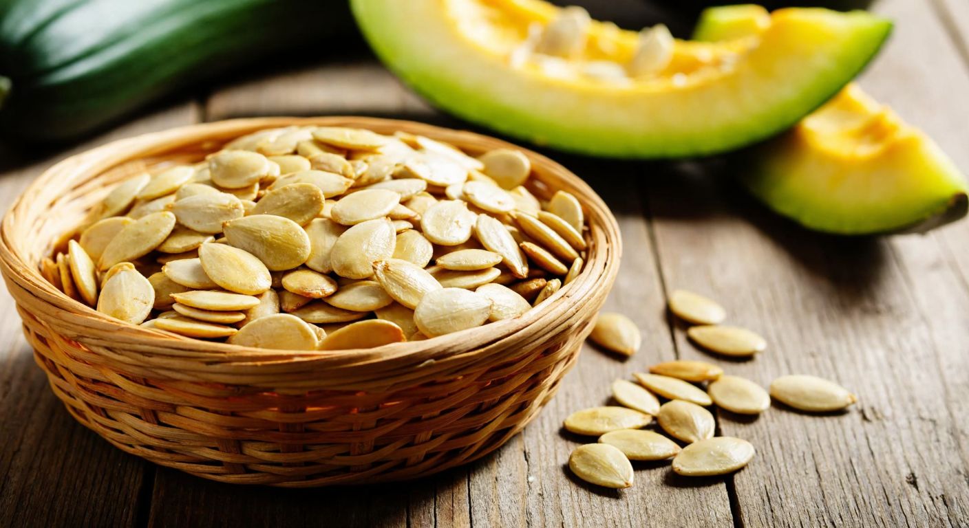 A close-up of a small woven basket filled with golden roasted pumpkin seeds, surrounded by fresh green pumpkin slices and a handful of raw seeds scattered on a rustic wooden table in warm sunlight.