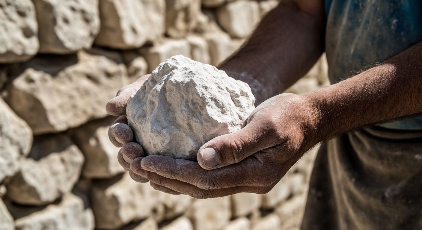 A close-up of a Turkish mason’s rough hands holding a lump of white lime against a backdrop of traditional stone walls under a bright sun.