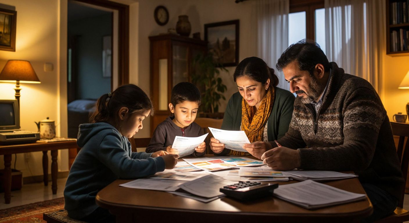A Turkish family sits around a table in a warmly lit home, examining electricity bills and comparing colorful tariff brochures spread out before them, with a calculator and a notebook nearby.