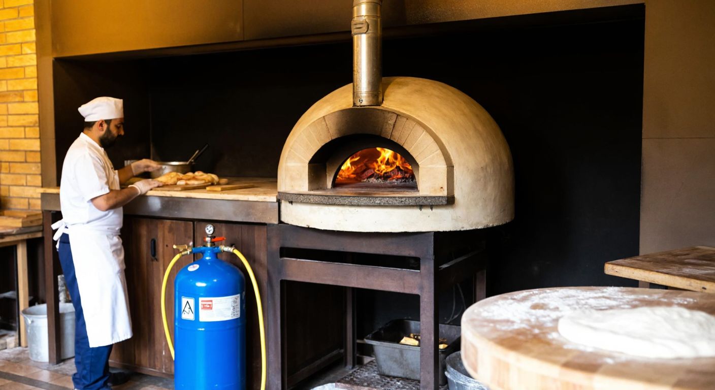 A rustic pizza oven with a blue LPG gas tank connected to it, set in a cozy Turkish pizzeria kitchen with a wood-fired aroma and a chef in a white apron kneading dough nearby.