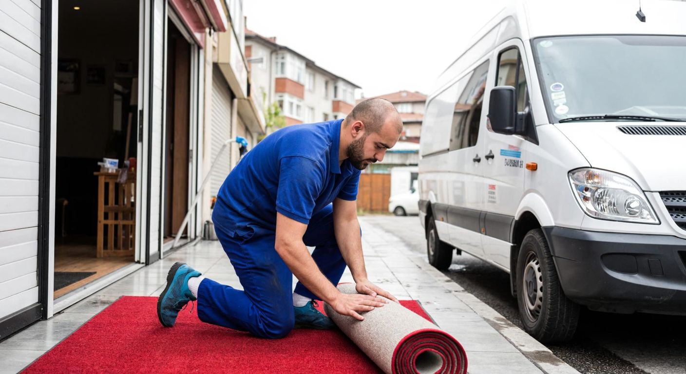 A worker in a blue uniform carefully scrubs a rolled-up carpet outside a small cleaning shop in Pendik, with a delivery van parked nearby ready for transport.