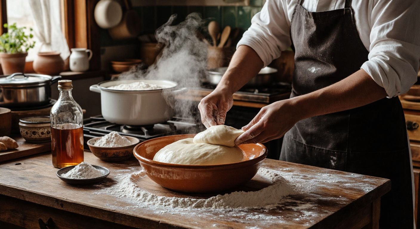 A warm Turkish kitchen with a wooden table, where hands knead smooth white ceramic dough in a ceramic bowl, surrounded by scattered cornstarch, a bottle of apple vinegar, and a steaming pot on a stove.
