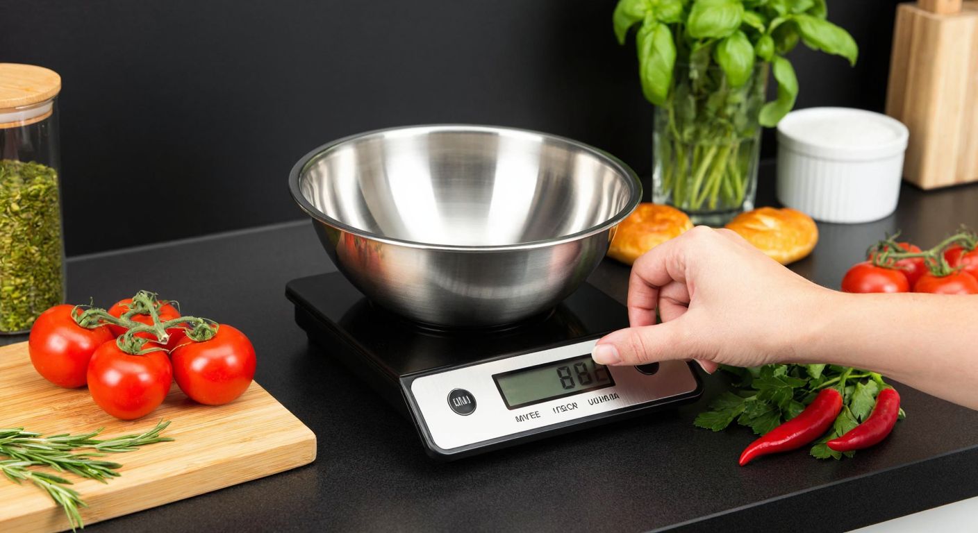A Turkish kitchen counter with a sleek digital kitchen scale holding a stainless steel bowl, surrounded by fresh ingredients like tomatoes and herbs, as a hand presses the tare button to reset the weight.