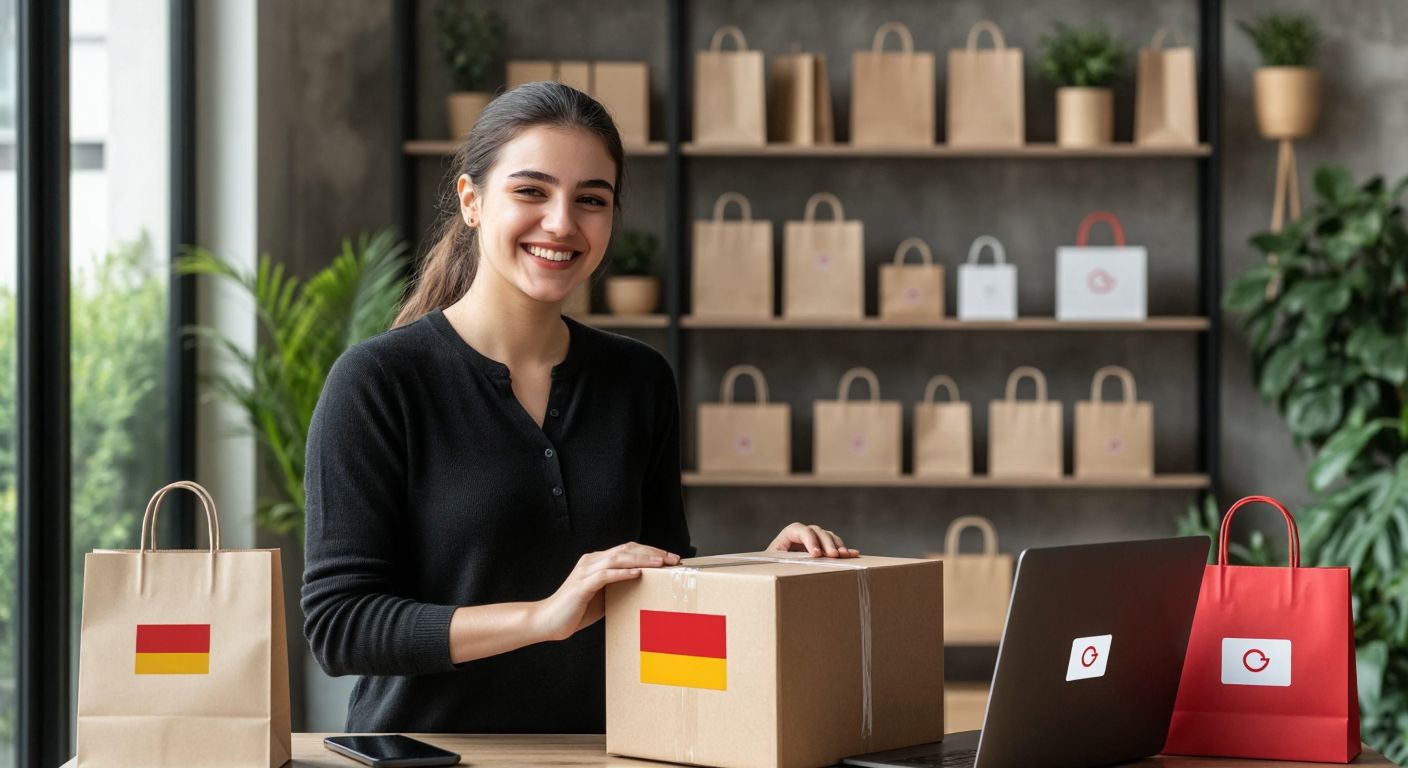 A smiling person in Turkey confidently unboxes a package with a German flag sticker, surrounded by neatly arranged shopping bags and a laptop displaying a secure checkout symbol.