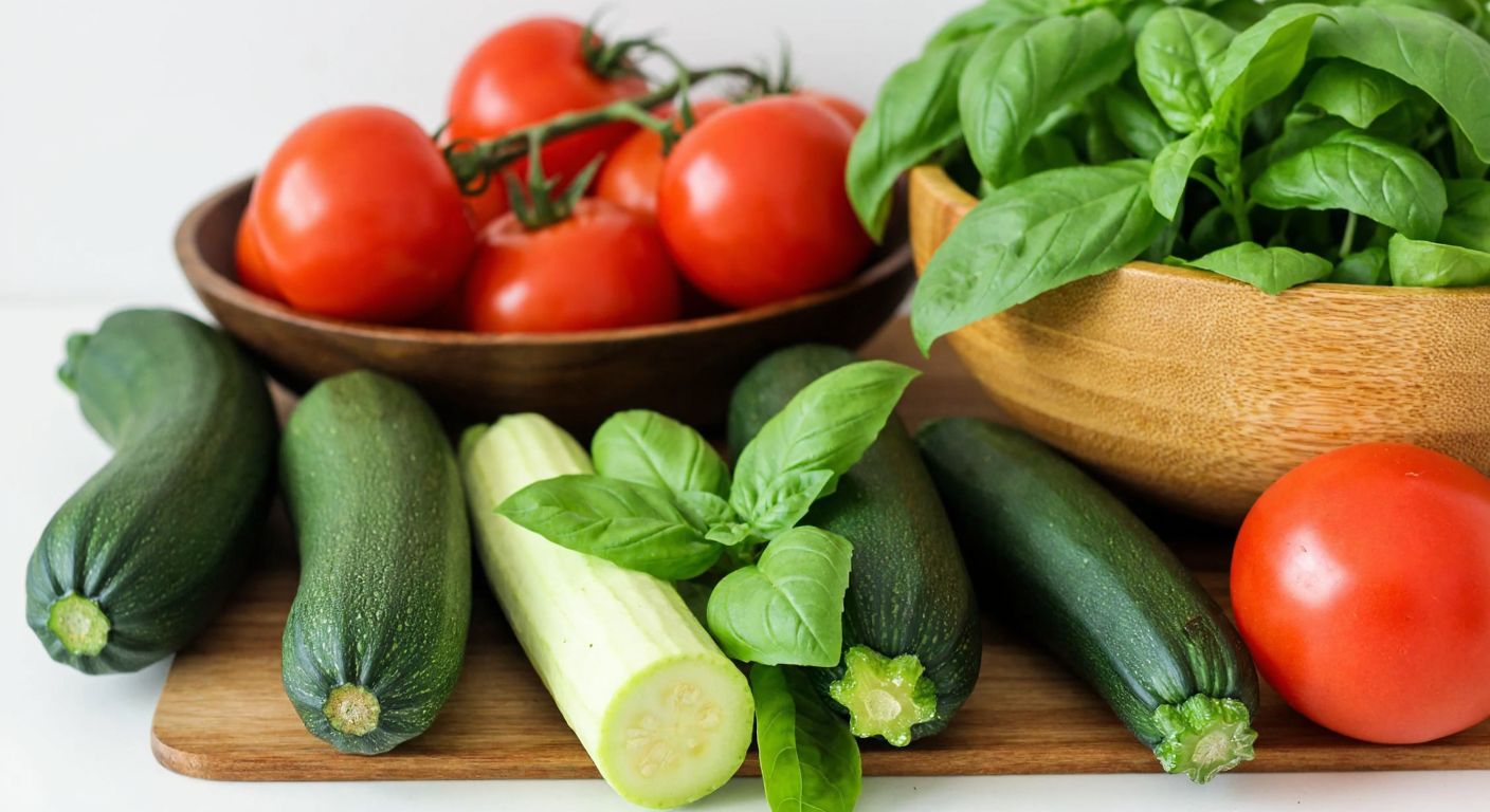 A vibrant Turkish kitchen countertop displays fresh, crisp vegetables—bright red tomatoes, green zucchini, leafy spinach, and fragrant basil—neatly arranged beside a wooden salad bowl, evoking a sense of digestive comfort and wholesome eating.