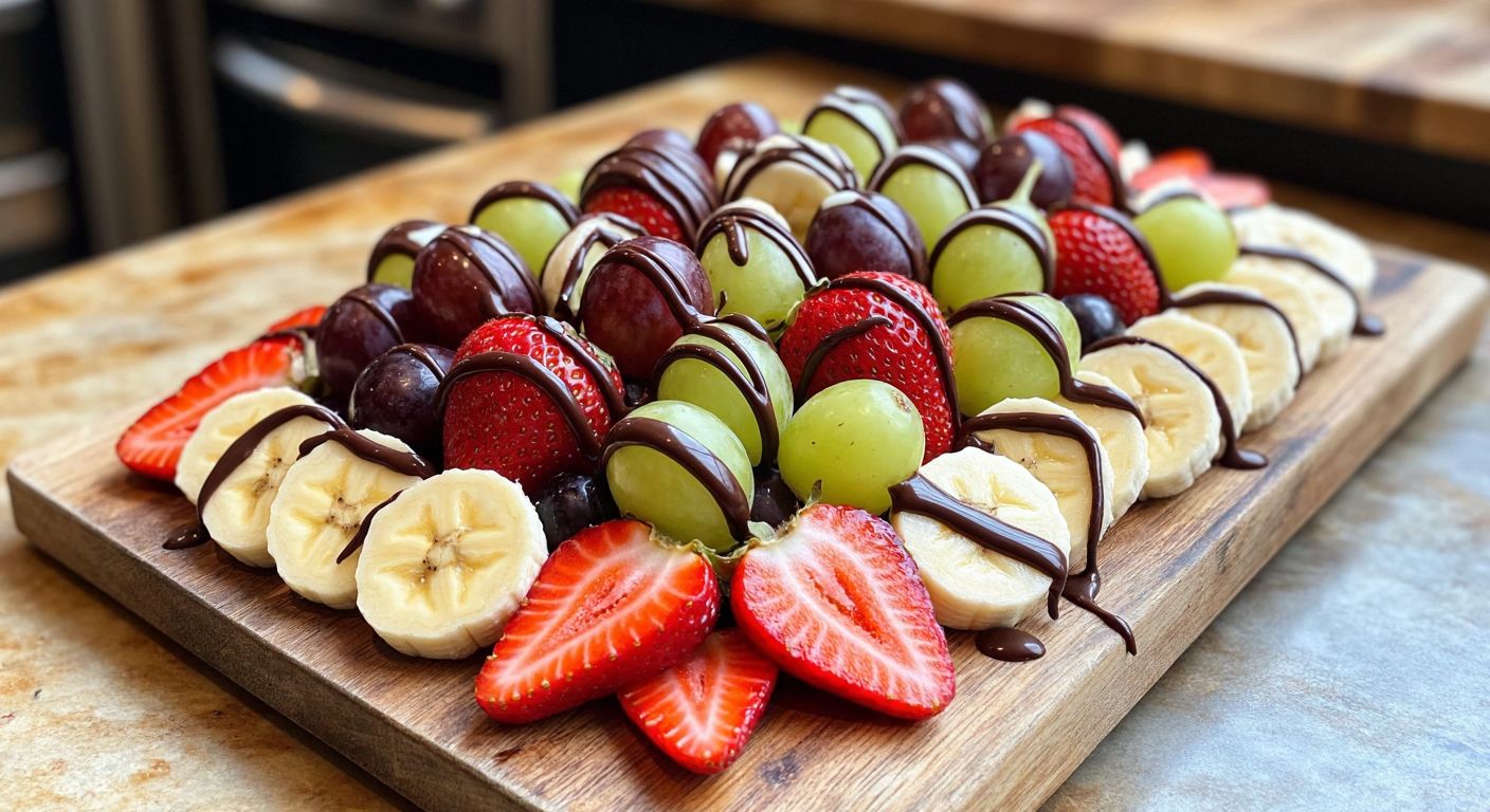 A vibrant fruit platter with sliced strawberries, bananas, and grapes, drizzled with melted dark and white chocolate in artistic swirls, placed on a rustic wooden tray in a cozy Turkish kitchen.