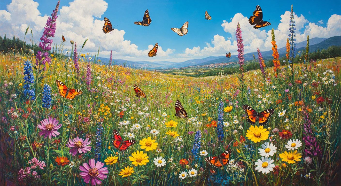 A vibrant meadow in Turkey teeming with diverse wildflowers and butterflies, symbolizing genetic diversity and the continuity of life through meiosis and sexual reproduction.