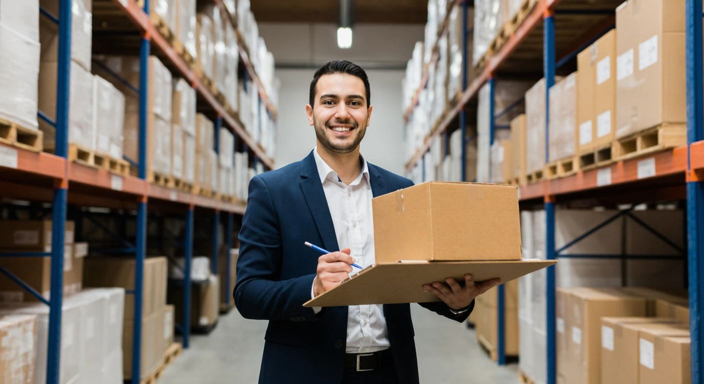 A Turkish warehouse manager in a neatly organized storage facility, smiling while balancing a stack of boxes on a clipboard, with shelves of goods perfectly stocked in the background.