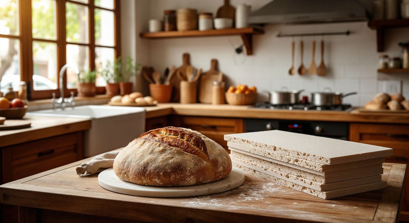 A freshly baked loaf of bread on a wooden table next to a stack of sturdy gypsum boards, with a warm Turkish kitchen in the background.