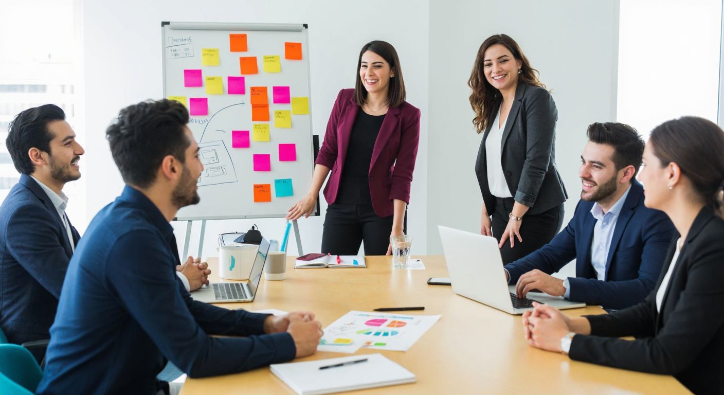 A diverse group of professionals in a modern Turkish office, smiling and engaged in discussion around a table with a whiteboard displaying colorful sticky notes and diagrams.