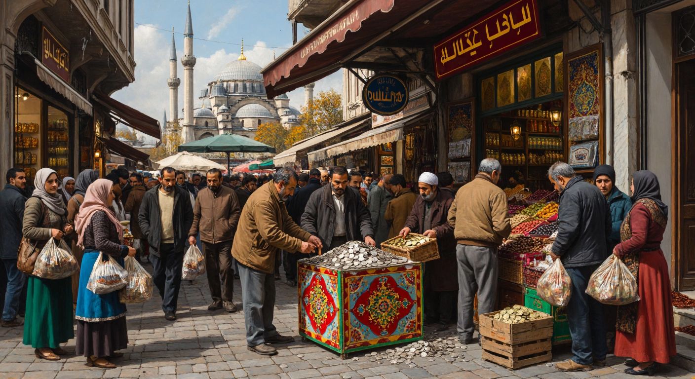 A crowded bazaar in Istanbul with a vendor collecting coins at a colorful entrance booth, surrounded by people holding bags of goods and a historical Ottoman-style building in the background.