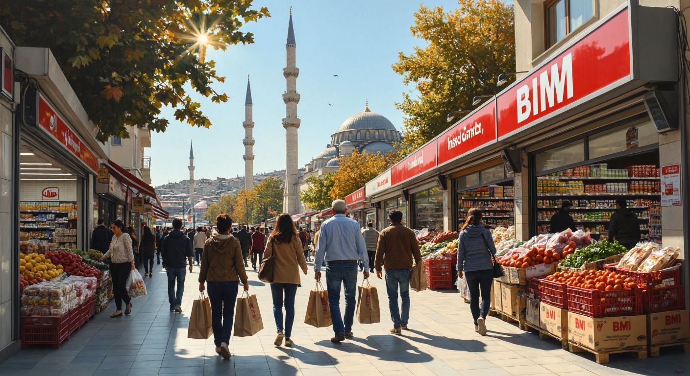 A bustling BİM supermarket in Turkey with shoppers carrying bags, a mosque minaret visible in the background under a bright afternoon sun, and a store employee adjusting a sign near the entrance.