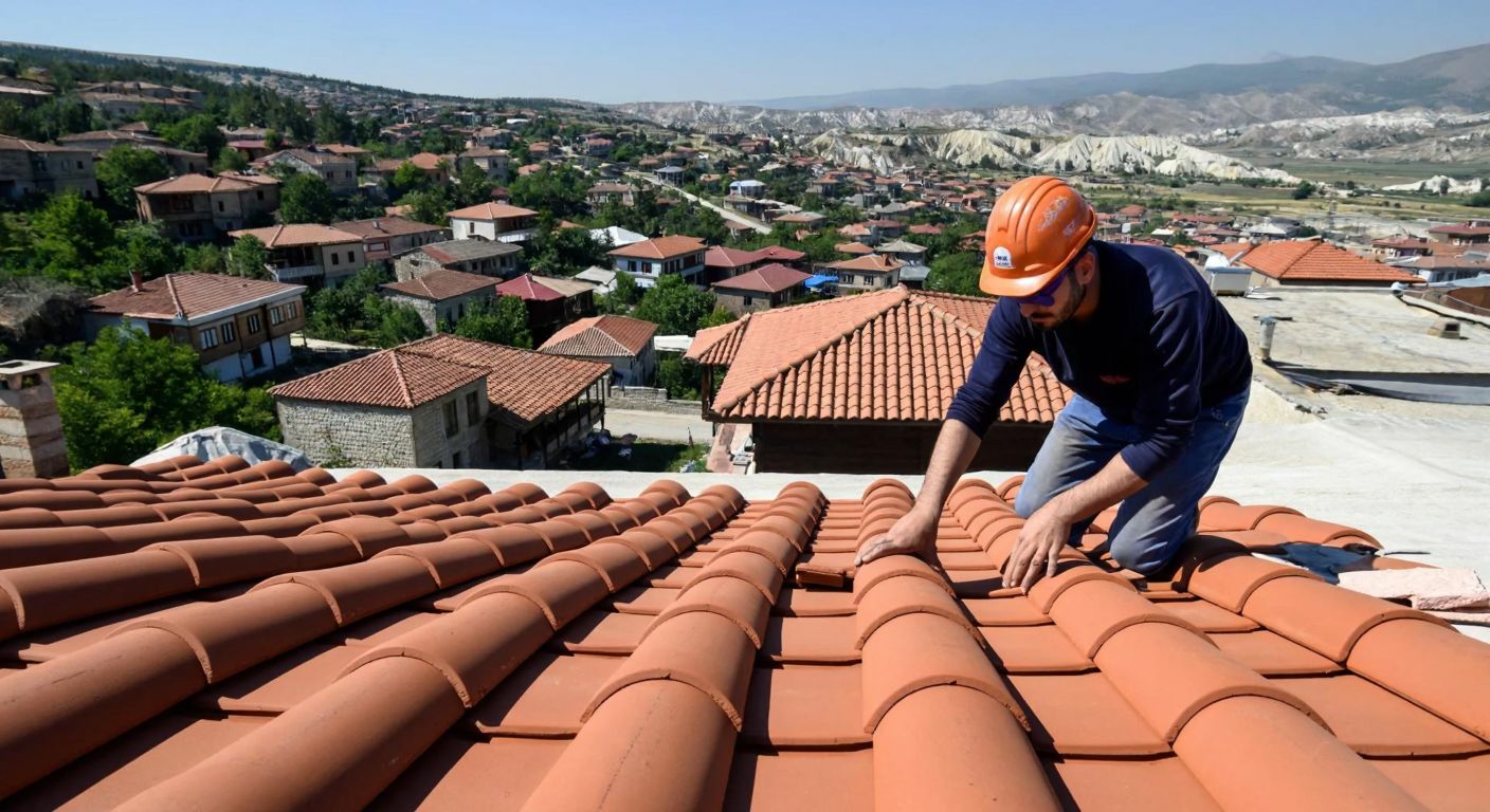 A Turkish construction worker in a hard hat carefully arranges rows of terracotta-colored Braas roof tiles on a sunlit rooftop overlooking a traditional Anatolian village.
