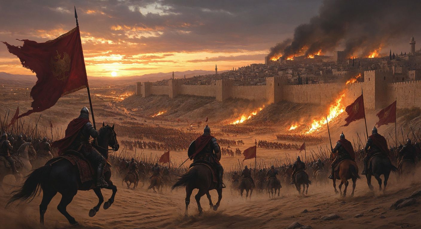 A vast desert battlefield at dusk, with armored warriors on horseback clashing under billowing banners, while distant city walls of Damascus glow under the siege’s fiery glow.