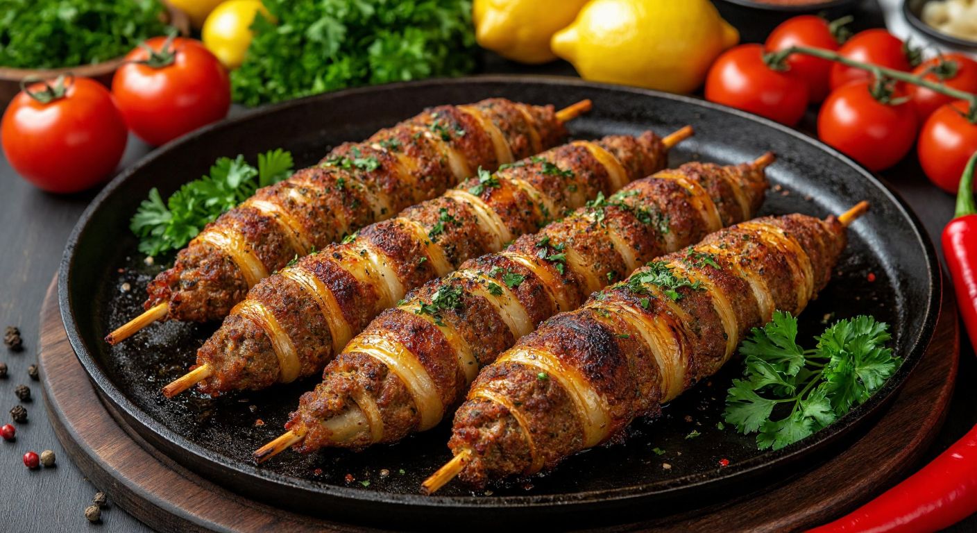 A sizzling plate of golden-brown kokoreç garnished with fresh parsley, surrounded by vibrant ingredients like tomatoes, peppers, and lemons, evoking warmth and nourishment in a bustling Turkish street food stall.
