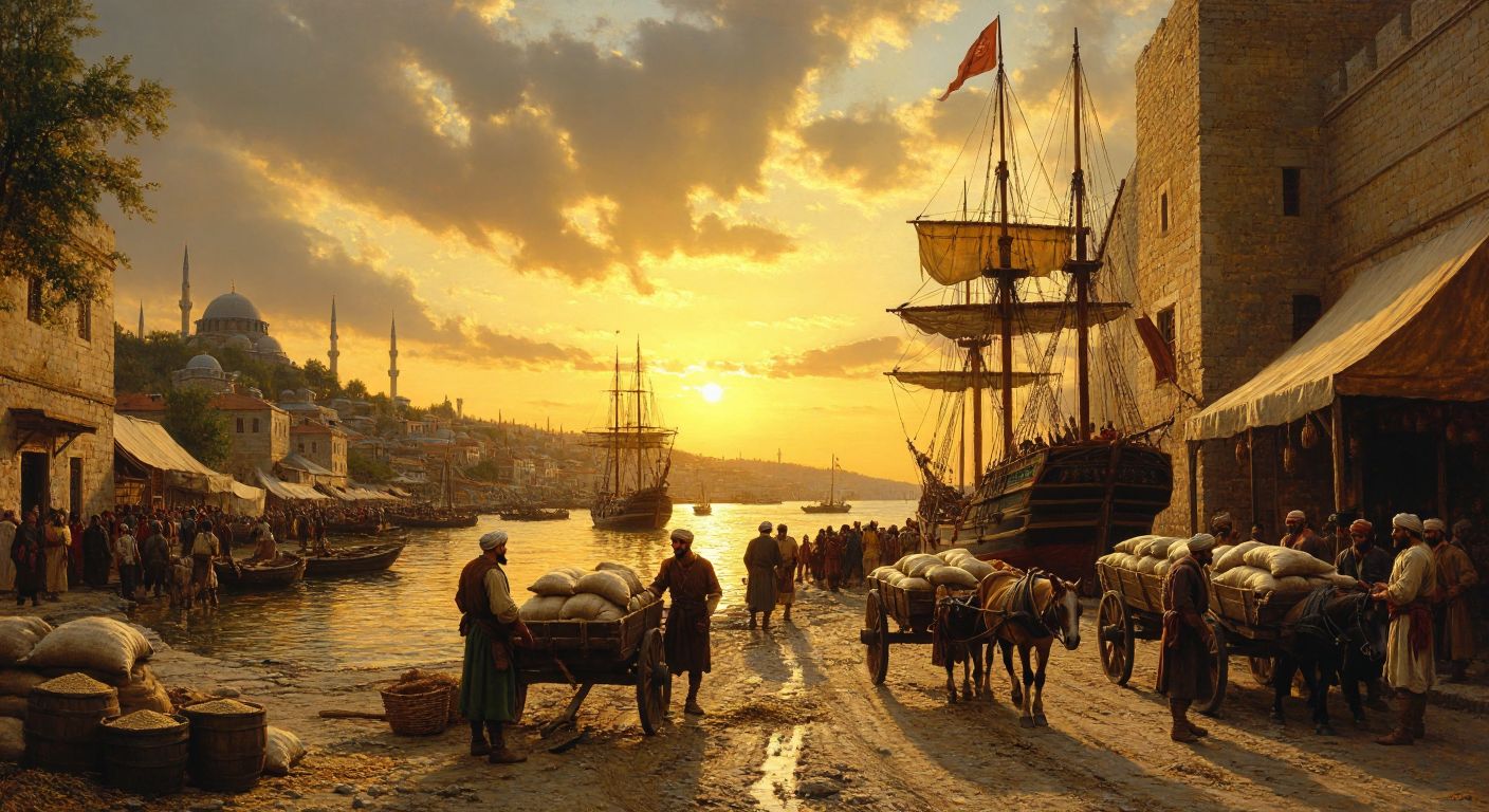 A bustling Ottoman-era port with merchants unloading sacks of grain from foreign ships, while local farmers look on with concern, their carts half-empty under a golden sunset.