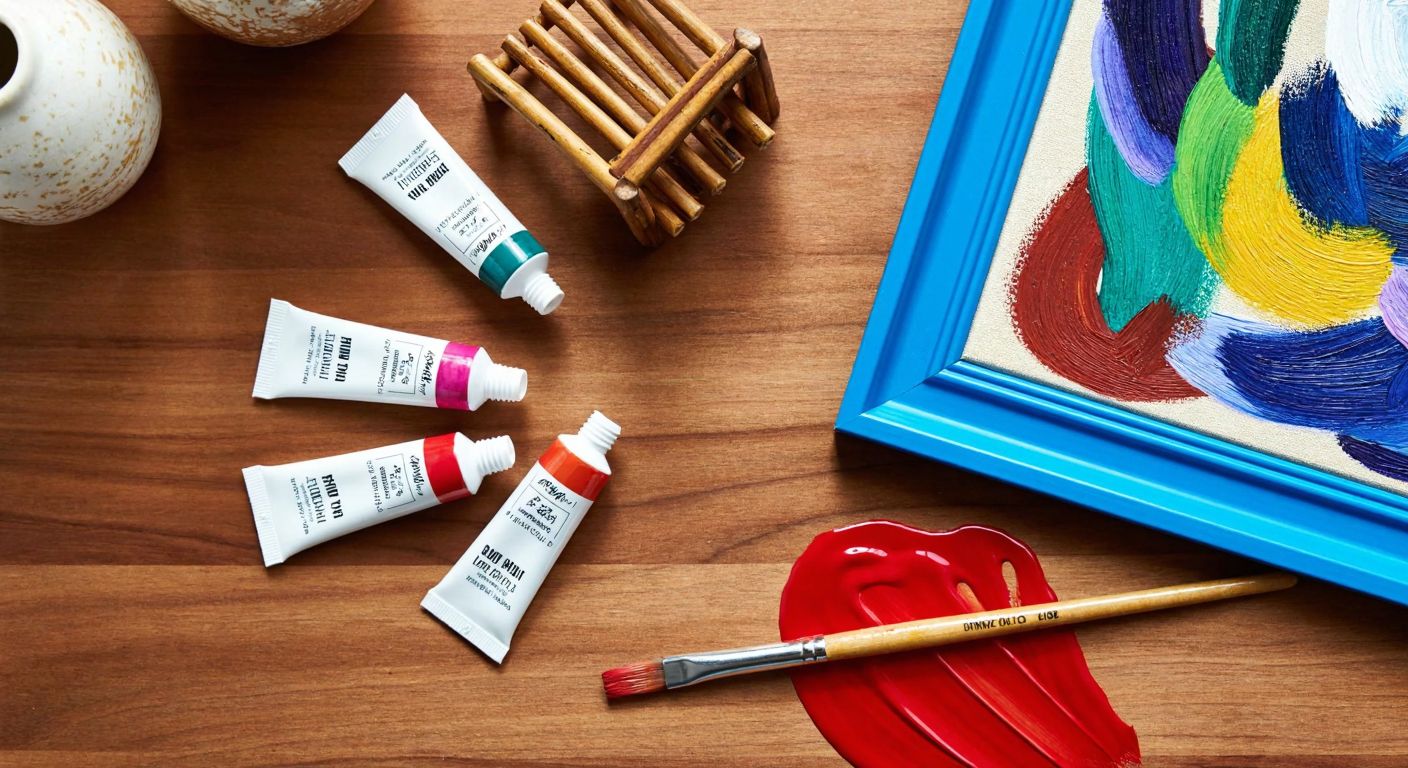 A vibrant set of six acrylic paint tubes resting on a wooden table, surrounded by freshly painted ceramic vases, a half-finished wooden chair, and a colorful abstract canvas, with a paintbrush dipped in bright red nearby.