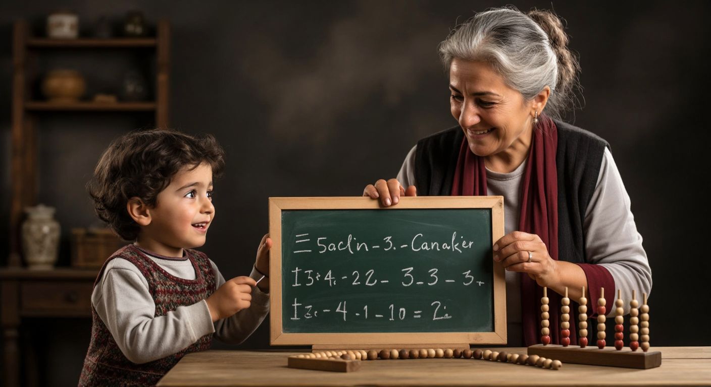 A confused Turkish child holding a chalkboard with a simple math equation (3 x 12) while an elderly woman smiles and gently corrects them with an abacus showing 36 beads.