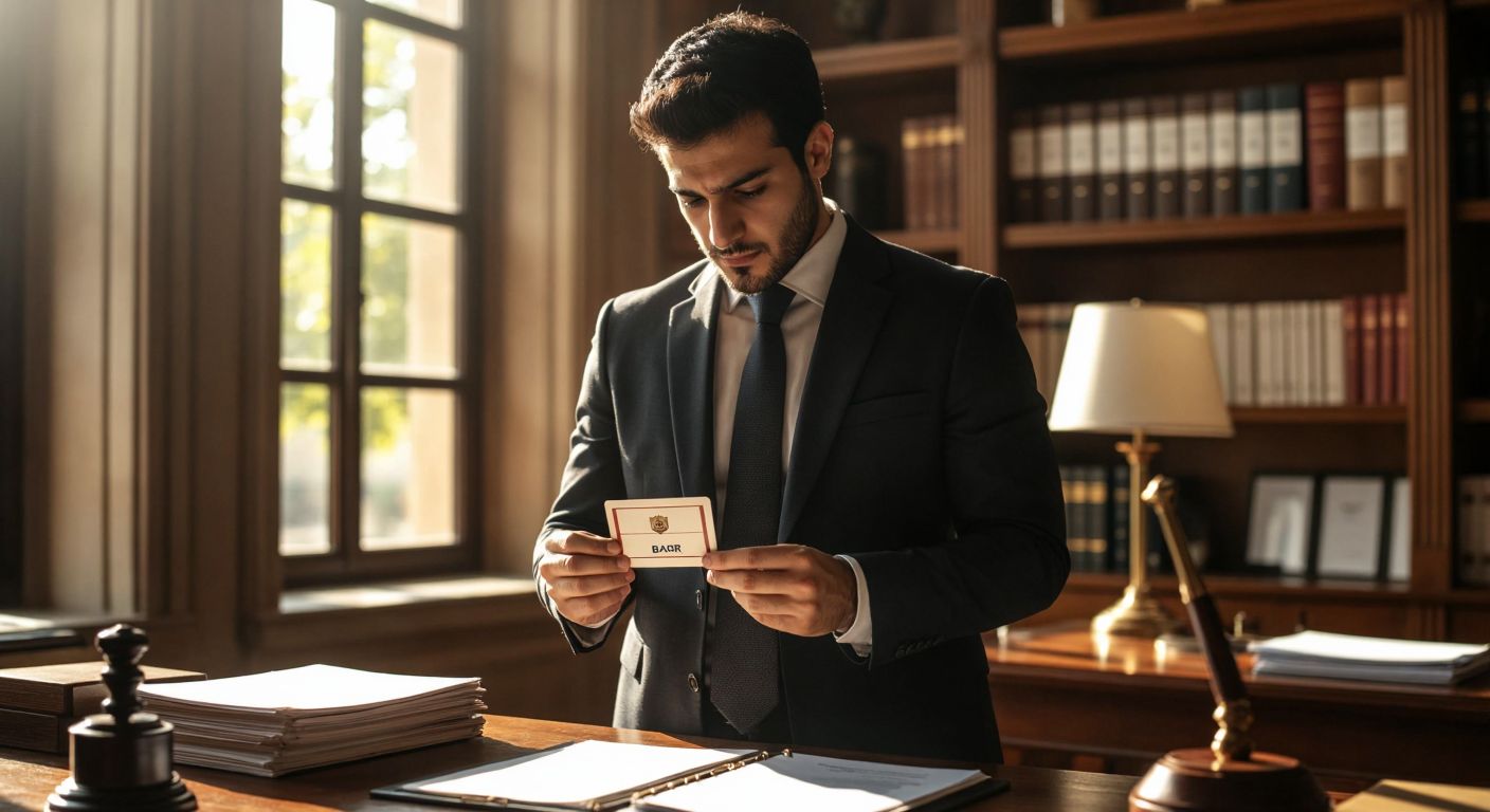 A focused Turkish lawyer in a formal suit holds a Baro card thoughtfully while standing in a sunlit office with legal documents neatly arranged on a wooden desk.