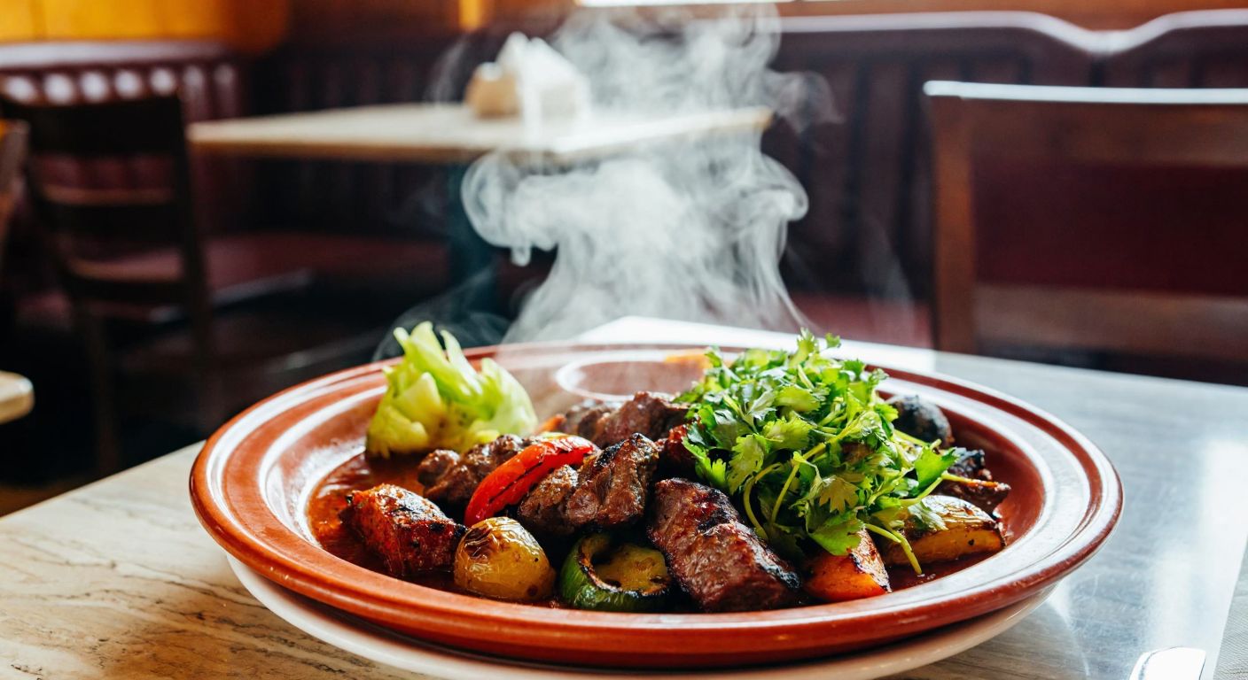 A steaming plate of tender Pir Kebap with grilled vegetables and fresh herbs, served on a traditional Turkish ceramic plate, surrounded by warm, inviting light in a cozy restaurant setting.