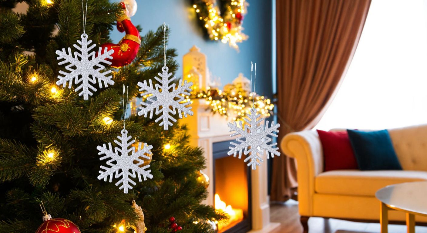 A festive Turkish living room with a decorated Christmas tree, sparkling silver snowflake ornaments hanging from its branches, and a cozy atmosphere illuminated by warm golden lights.