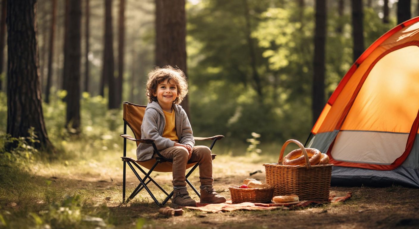 A smiling child around 5 years old sits on a small, sturdy camping chair in a sunny forest clearing, surrounded by a colorful tent and a picnic basket with Turkish simit.