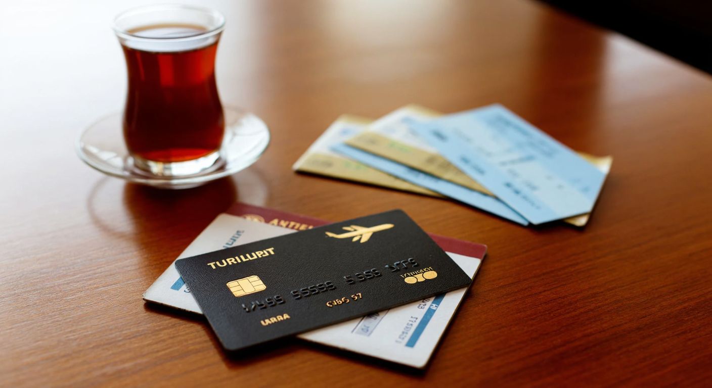 A sleek black credit card with a golden airplane emblem rests on a Turkish passport, surrounded by scattered airline tickets and a steaming cup of traditional Turkish coffee on a wooden café table.