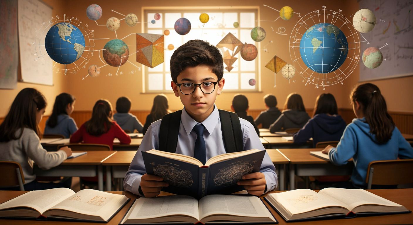 A focused Turkish middle school student in a classroom, surrounded by six open textbooks, each representing a different math unit, with geometric shapes and algebraic symbols subtly visible on the pages.