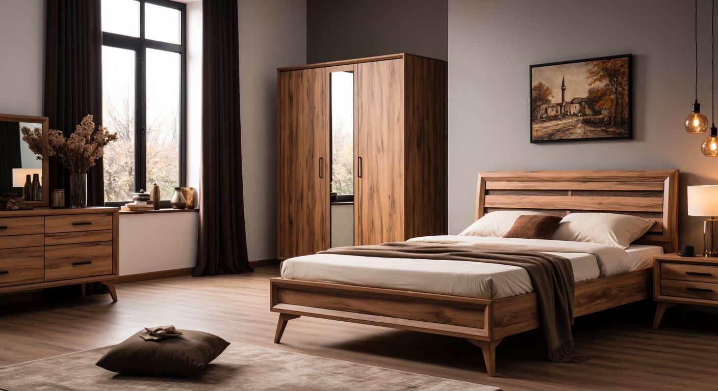 A cozy Turkish bedroom with two contrasting wooden furniture sets—one sleek and polished (MDF) and the other rougher with visible grain (suntalam)—side by side, showcasing their durability and texture differences.