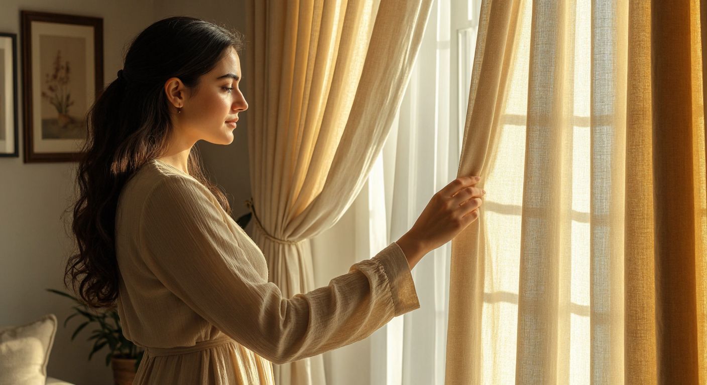 A Turkish woman in a sunlit living room gently touches a set of elegant, flowing curtains made of thick, high-quality fabric, while thoughtfully examining the stitching and texture.