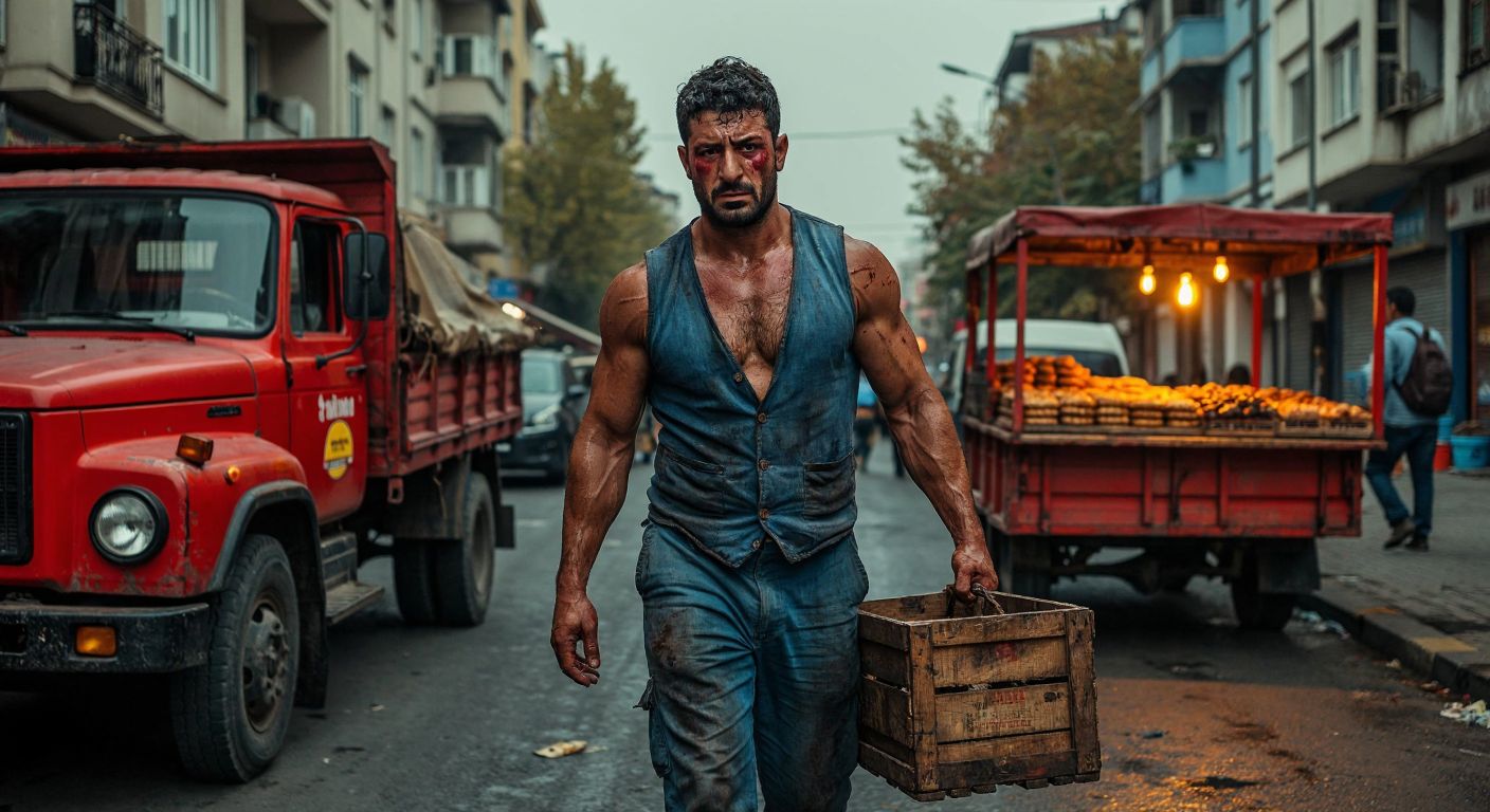 A muscular man in a worn-out blue vest and sweat-drenched shirt carries a heavy wooden crate through the bustling streets of Güngören, with a faded red truck parked nearby and the warm glow of a simit cart in the background.