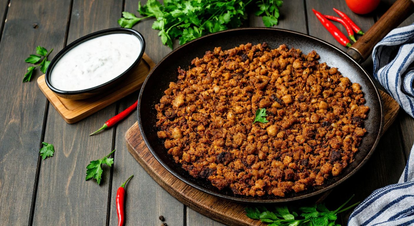 A golden-brown plate of sizzling kavurga (fried meat) sits on a rustic wooden table, flanked by fresh herbs and a small bowl of yogurt, with a Turkish family smiling as they share the meal.