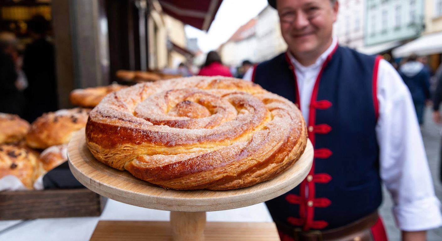 A golden-brown spiral pastry dusted with sugar and cinnamon, resting on a wooden stand in a bustling European street market, with a vendor in traditional Czech attire smiling behind it.