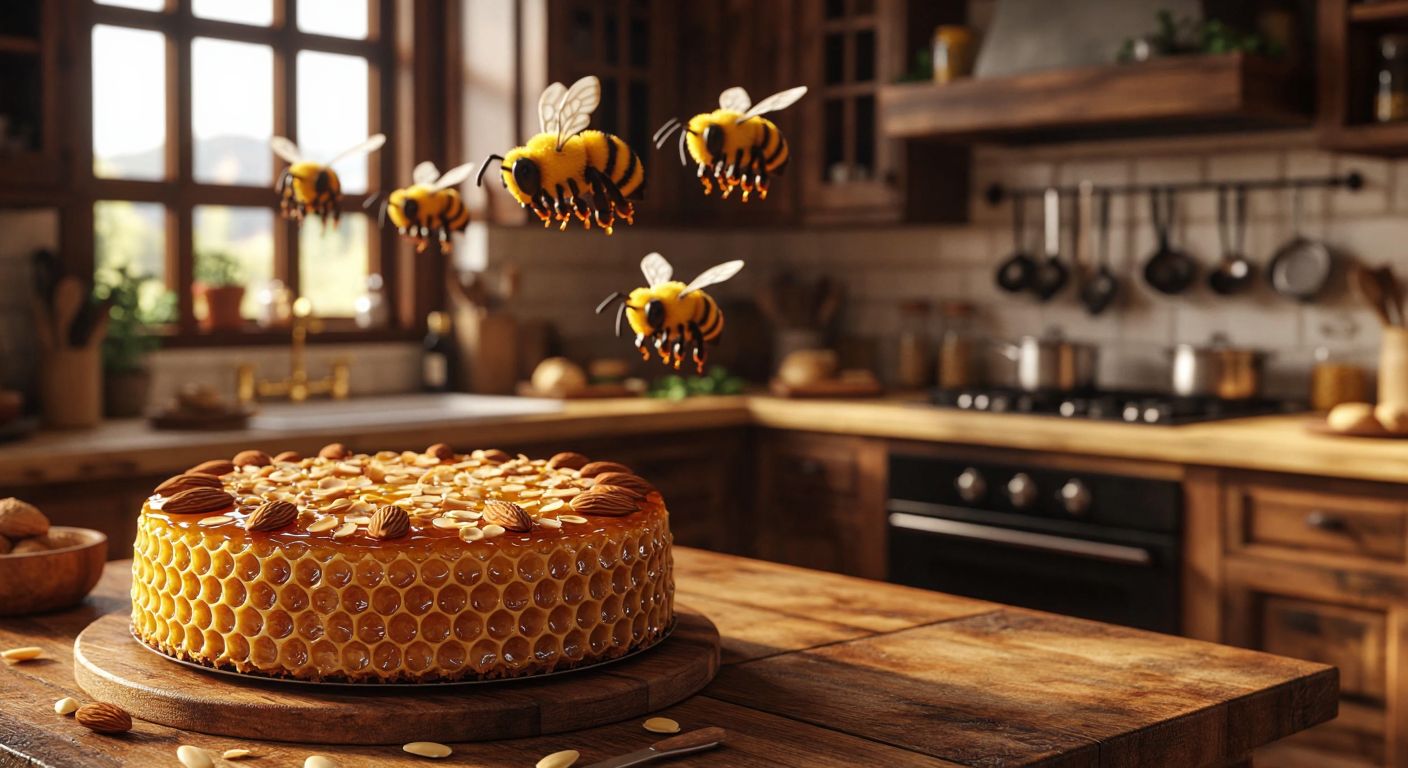 A golden honeycomb-shaped cake topped with almonds and drizzled with honey sits on a rustic wooden table in a Turkish kitchen, while a pixelated Minecraft beehive with buzzing bees hovers in the background.