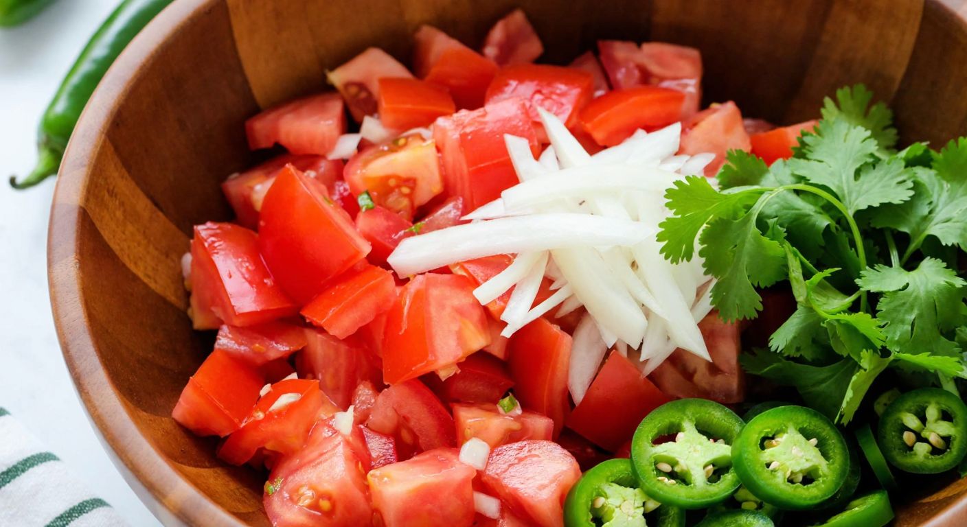 A vibrant wooden bowl filled with freshly chopped red tomatoes, crisp white onions, green jalapeño peppers, and bright cilantro leaves, drizzled with lime juice and sprinkled with a pinch of cumin, evoking the fresh, zesty essence of Mexican pico de gallo.