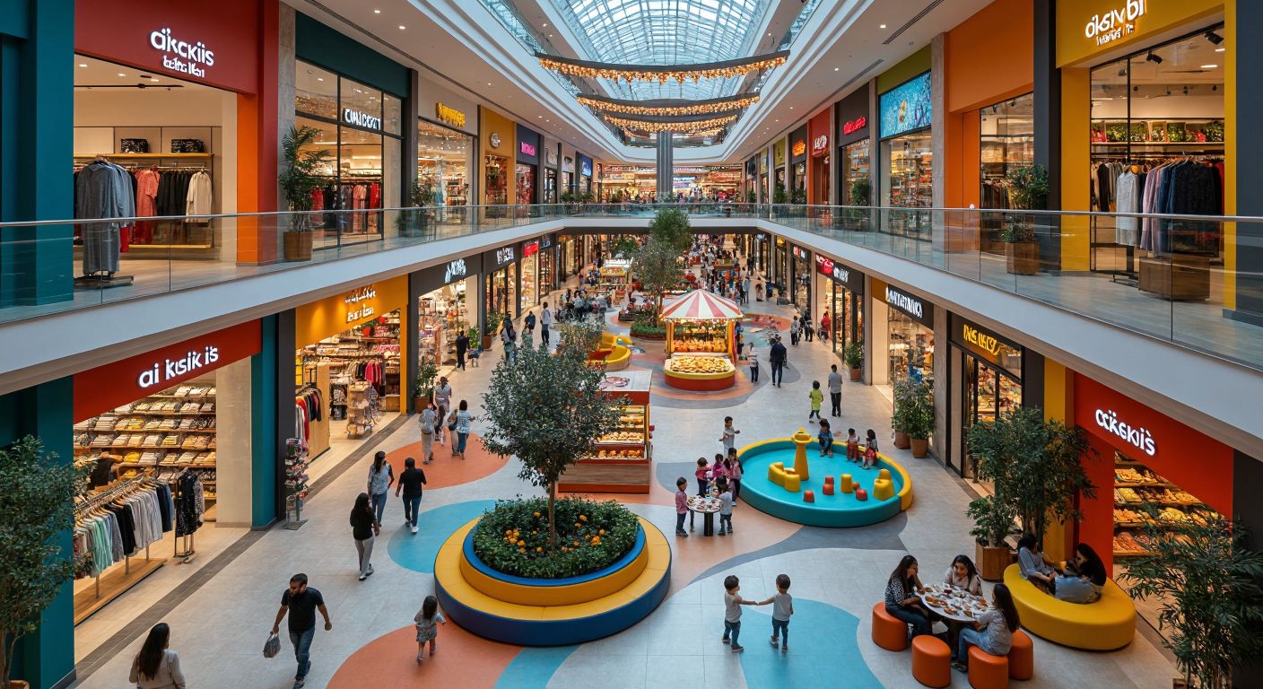 A bustling Turkish shopping mall interior with colorful storefronts, families browsing clothing racks, a lively food court serving kebabs and baklava, children playing in a bright play area, and a serene rooftop garden with people enjoying tea under string lights.