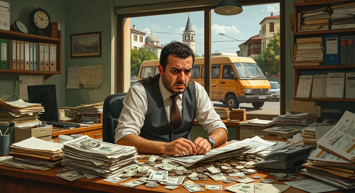A Turkish accountant in a cluttered office frowns at a pile of small receipts and loose change while flipping through a thick ledger, with a dolmuş minibus visible through the window.
