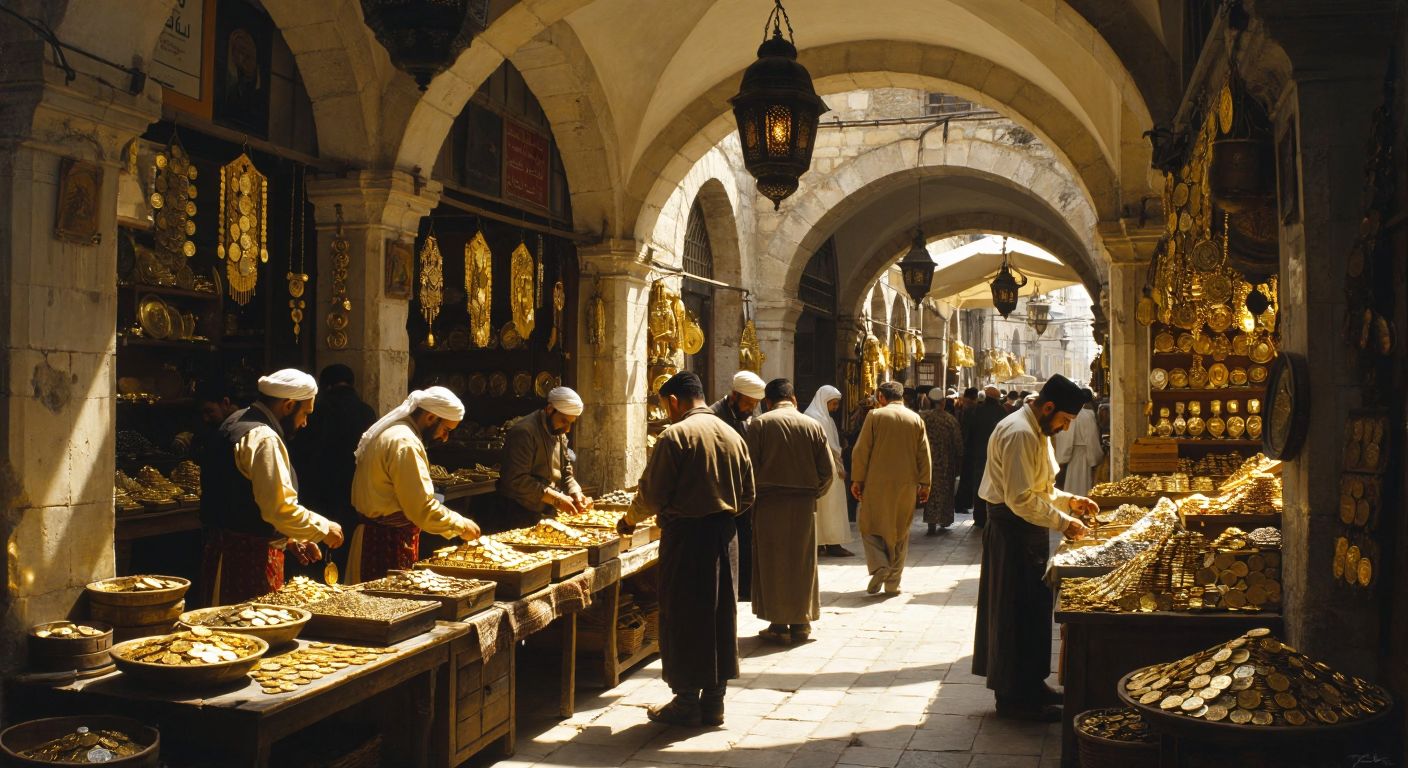 A bustling gold bazaar in İzmir, with merchants in traditional attire weighing gleaming gold coins on small scales, while customers examine jewelry under warm sunlight filtering through arched stone doorways.