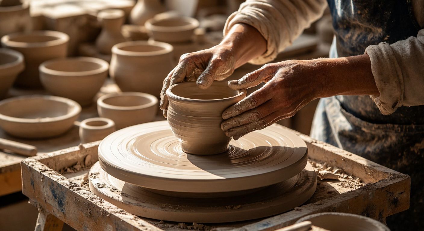 A pair of hands covered in clay carefully shapes a smooth, wet ceramic cup on a spinning pottery wheel in a sunlit Turkish workshop, surrounded by scattered tools and raw materials.