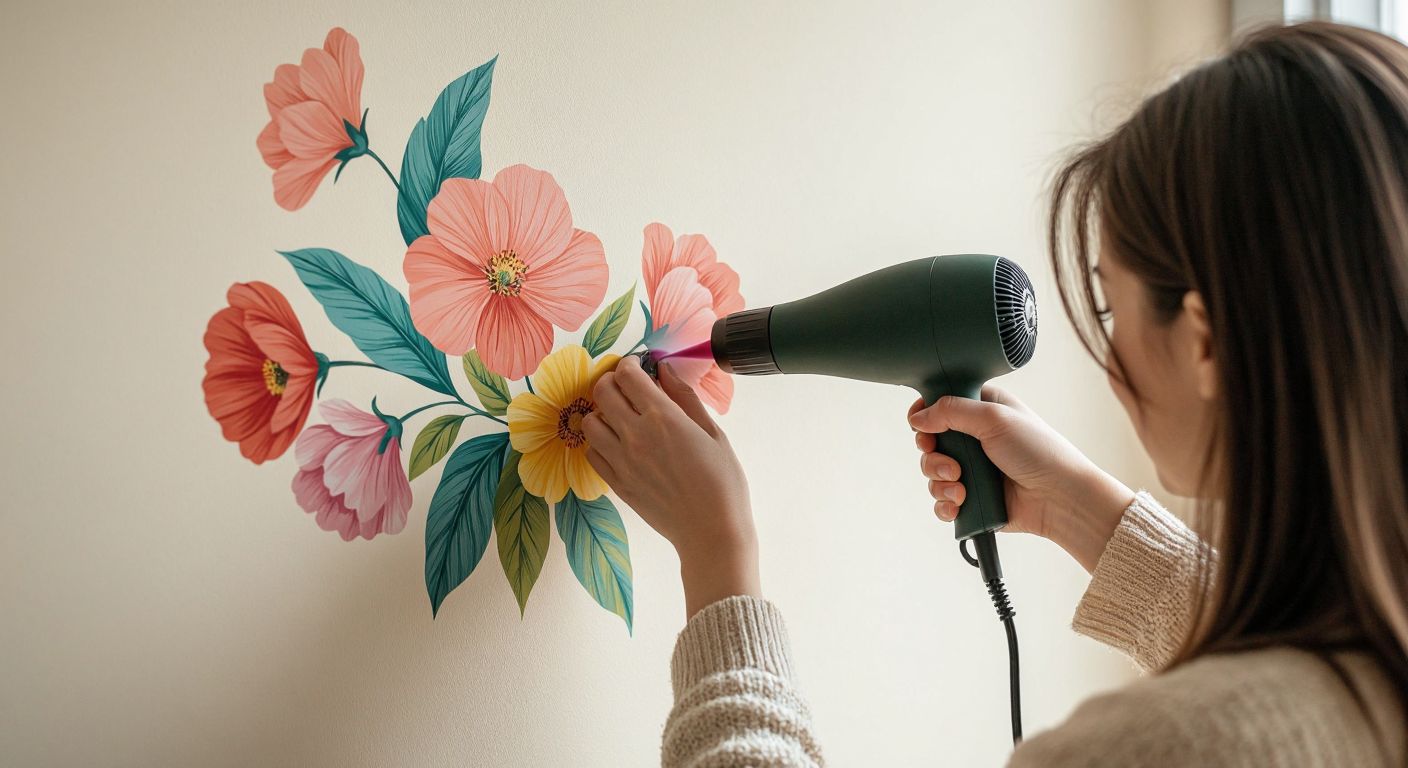 A close-up of a person carefully peeling a colorful vinyl wall sticker off a smooth, cream-colored wall using a hairdryer, with no visible damage to the surface.