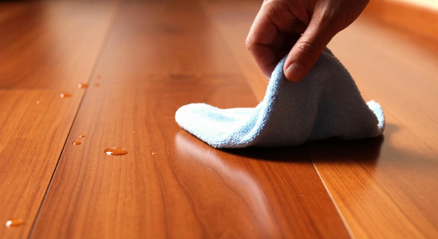 A close-up of a teak-colored laminate floor with a few water droplets beading on its smooth surface, reflecting warm indoor lighting, while a hand holding a dry cloth hovers nearby, ready to wipe them away.