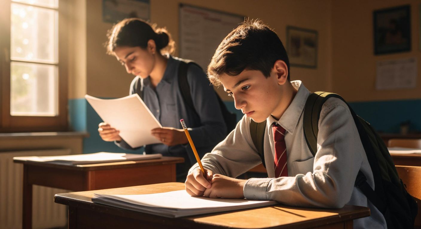 A focused Turkish middle school student sits at a wooden desk in a sunlit classroom, nervously gripping a pencil while a teacher in the background holds a stack of graded papers.
