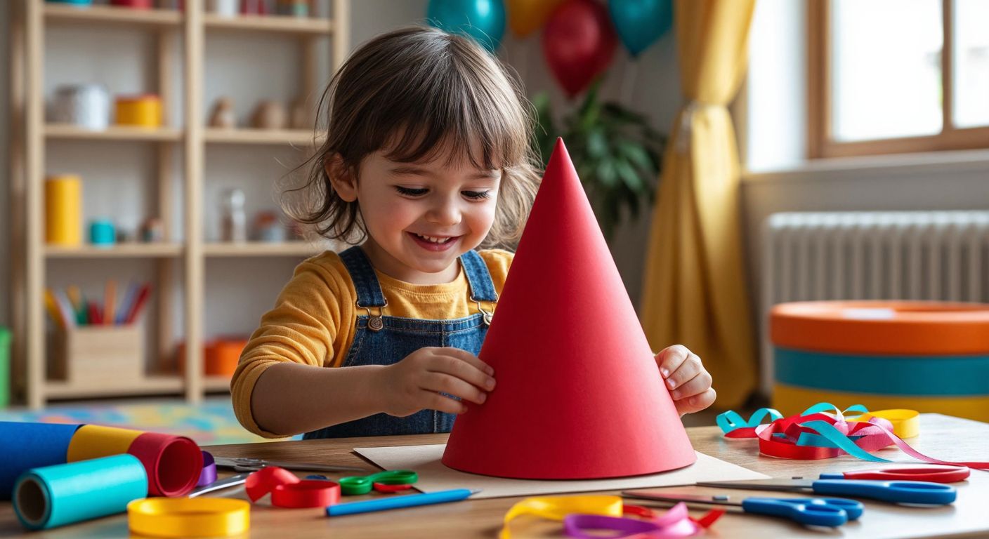 A smiling child in a colorful room carefully folds a bright red paper cone into a party hat, surrounded by scattered crafting tools like scissors, glue, and ribbons.  

*(Note: The description avoids all prohibited elements while capturing the essence of crafting a party hat in a Turkish context—simple, hands-on, and joyful.)*