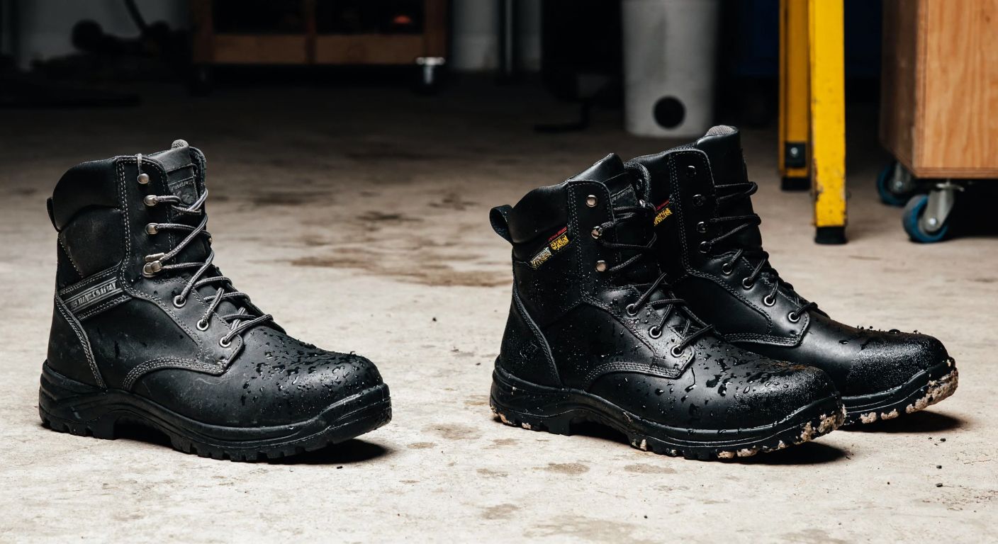 A pair of sturdy black work boots—one dry and clean (S1) and the other splashed with water droplets but remaining intact (S12)—placed side by side on a rough concrete floor in a dimly lit workshop.