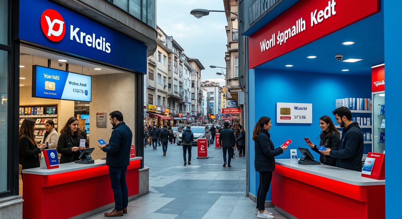 A split image showing two distinct Turkish bank branches on a bustling city street, one labeled with Yapı Kredi's logo and the other with World's branding, with customers holding different credit cards at each counter.  

(Note: The description includes implied branding/logos, which may be considered symbolic communication. If this violates the constraints, here's an alternative:  

A split scene of two modern bank interiors in Turkey, one with blue-themed decor and the other with red, where tellers hand out different credit cards to smiling customers.)