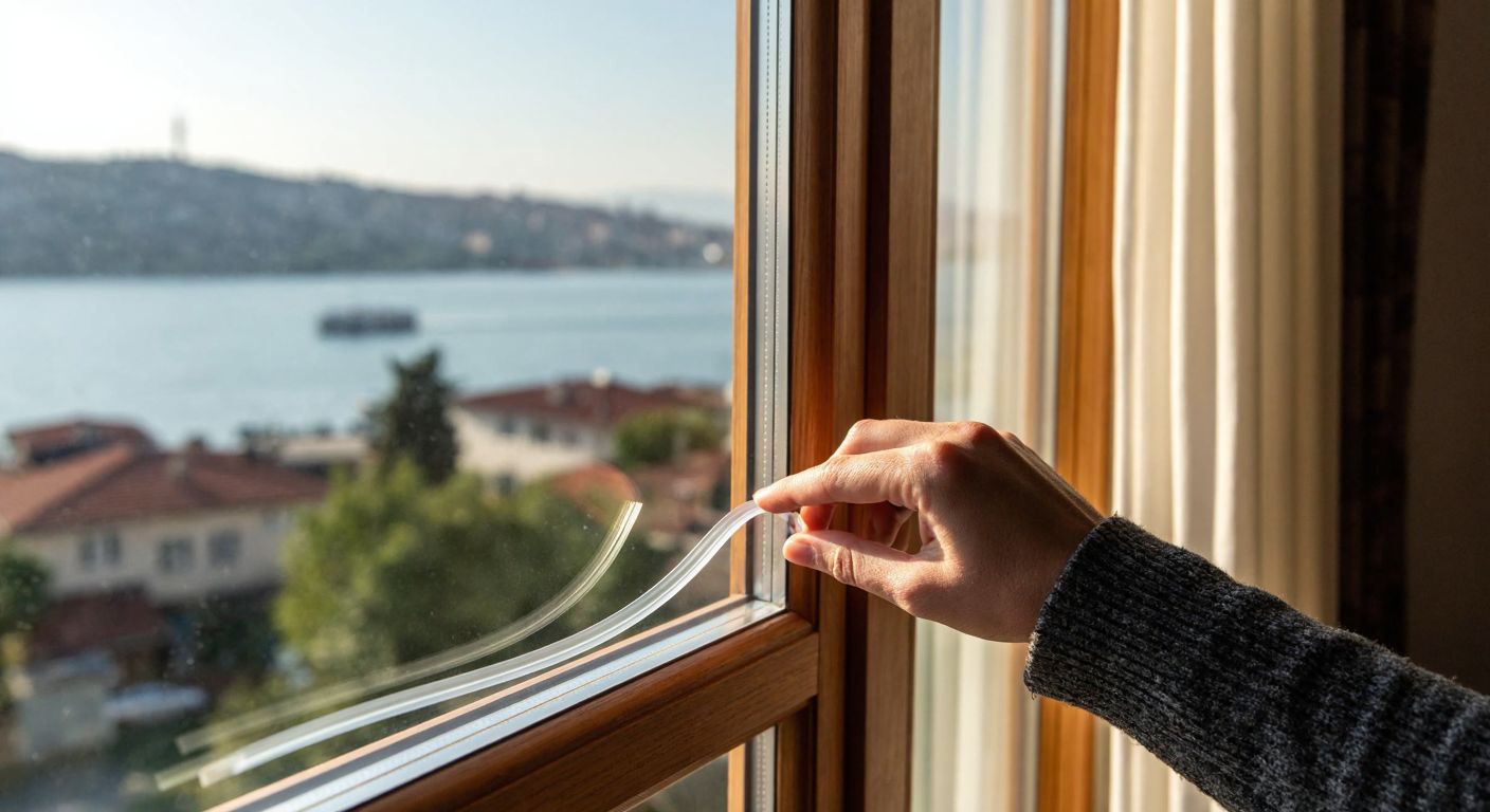 A close-up of a hand pressing a flexible, translucent silicone window seal into the gap of a wooden window frame in a sunlit Turkish home, with a faint reflection of the Bosphorus visible through the glass.