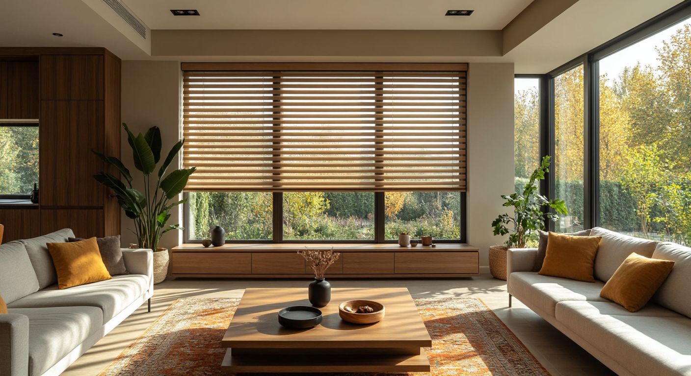 A sunny Turkish living room with a large window featuring a sleek, fabric-based roller blind (stor perde) on one side and a set of adjustable horizontal wooden slats (panjur) on the other, demonstrating their distinct mechanisms.