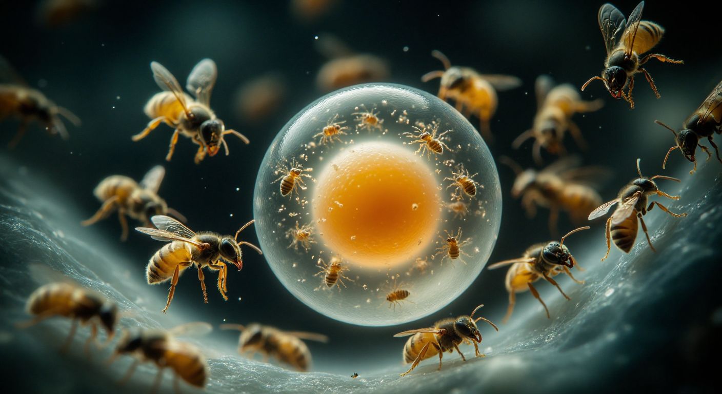 A translucent egg cell glowing softly under a microscope, surrounded by tiny arthropods like bees and ants, symbolizing asexual reproduction through parthenogenesis.