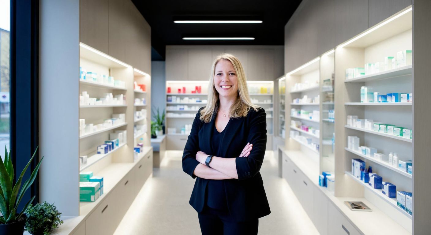A modern pharmacy building in Sweden with a clean, minimalist design, featuring a smiling woman in professional attire (Ann Carlsson) standing confidently inside, surrounded by neatly organized shelves of medicines under soft lighting.